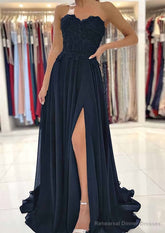 A-line Sweetheart Sweep Train Chiffon Prom Dresses With Lace Beading Split